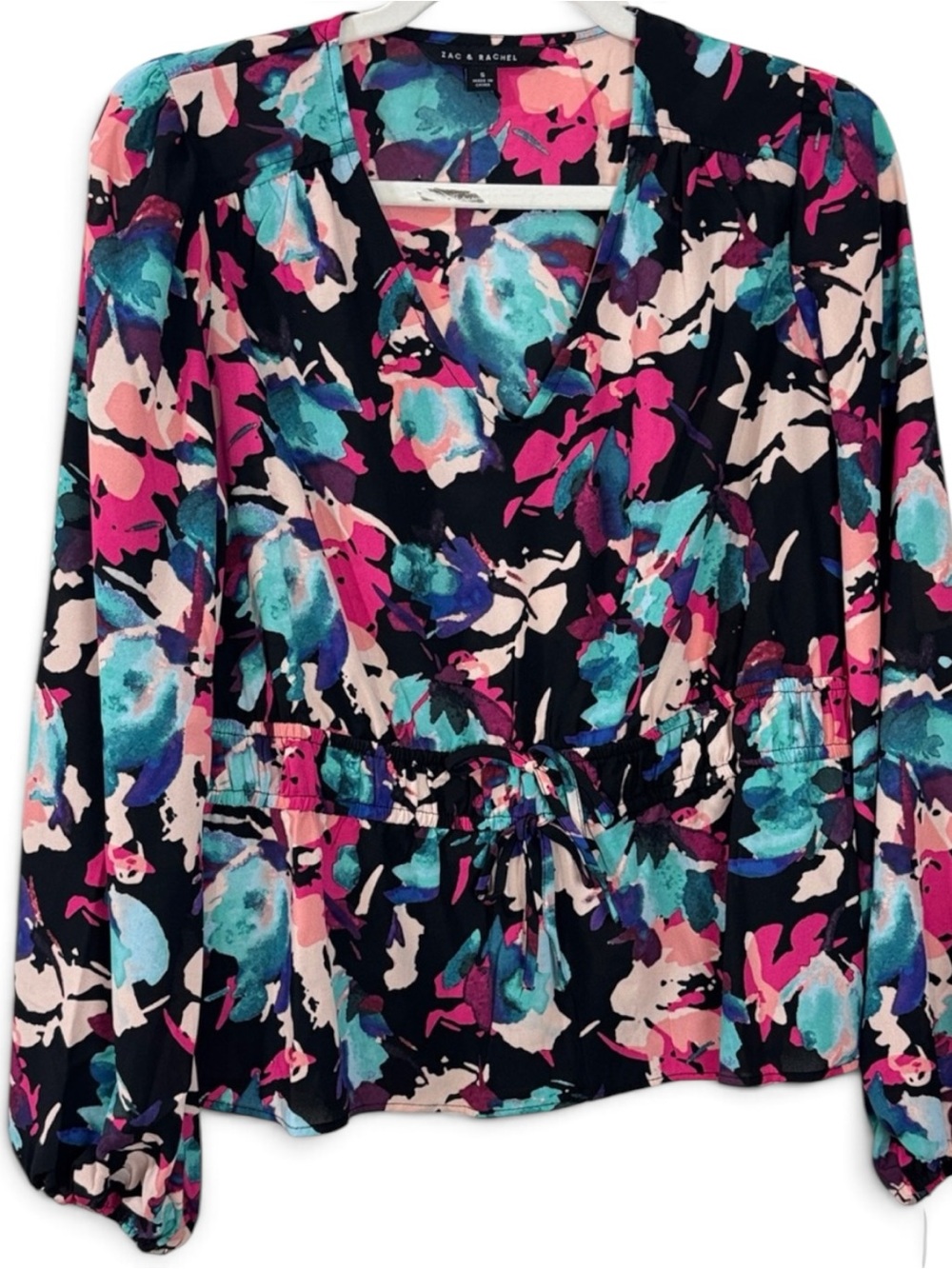 Zac & Rachel Floral Blouse w/ V-Neckline and Elasticized Waist & Sleeve - S, L